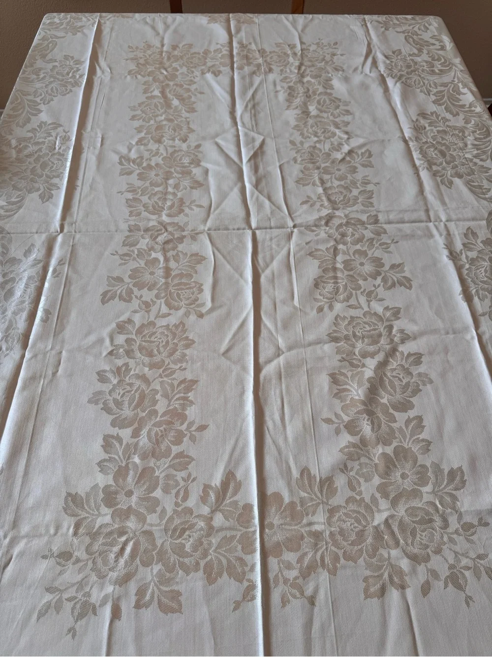 Vintage Made in Japan Ivory Floral Damask Tablecloth 57x86 Mid Century